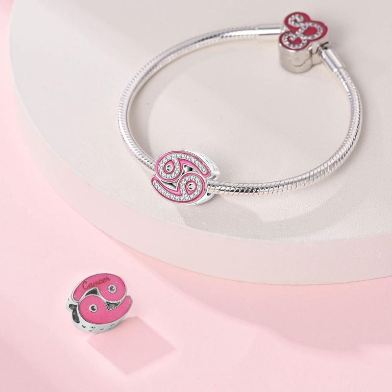 New 925 Silver Princess Pink Shining 12 Constellation Lucky Charms Beads Fit Pan Bracelets DIY Gifts Fine Jewelry