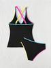 Color Block Ribbed Tank Top High Waist Two Piece Bikini Set Fashion Elegant Summer Wear