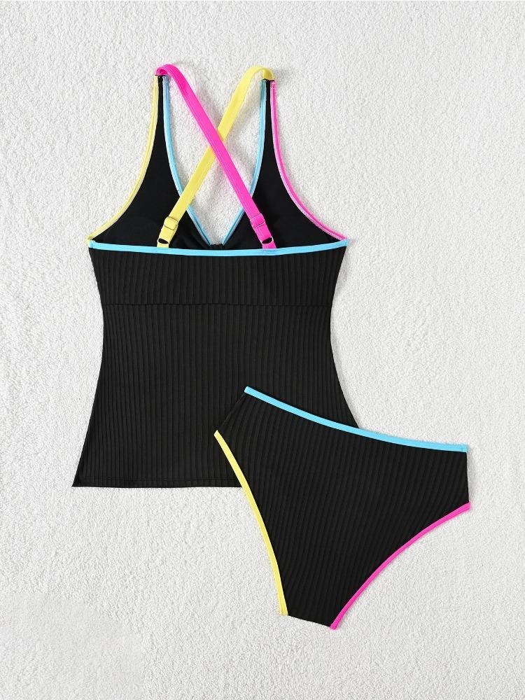 Color Block Ribbed Tank Top High Waist Two Piece Bikini Set Fashion Elegant Summer Wear