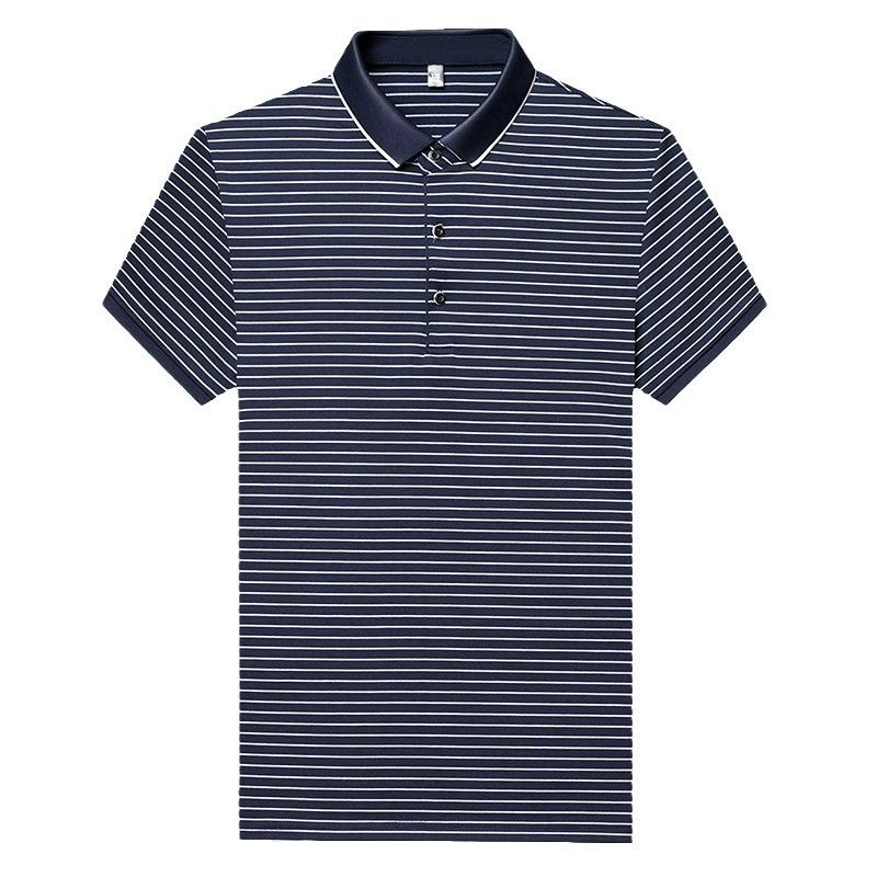 Men'S Striped Polo Shirt Short Sleeve T-Shirt Business Casual Medium Blue Lapel Half Sleeve Top