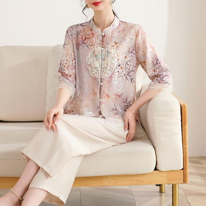 Women's Summer Style Chinese Style Set, Middle Aged and Elderly Chinese Style Shirt+Nine Fen Pants, Elegant and Stylish Two Piece Set