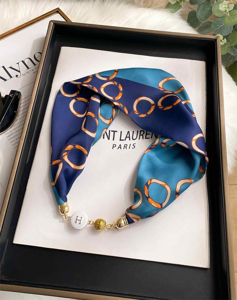 Magnetic Buckle Silk Scarf Headband Internet Celebrity New Magnetic Buckle Bracelet Small Long Women's Summer Casual Necklace Diamond Neck Band