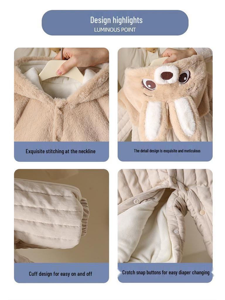 Children's Winter Hooded Rabbit Fleece Onesie - Thick Outdoor Baby Suit