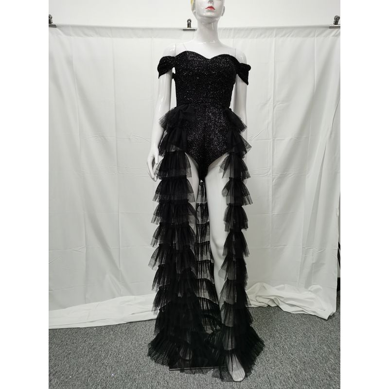 

Sexy Bright Silk Banquet Party Short Sleeve Dress Black XL