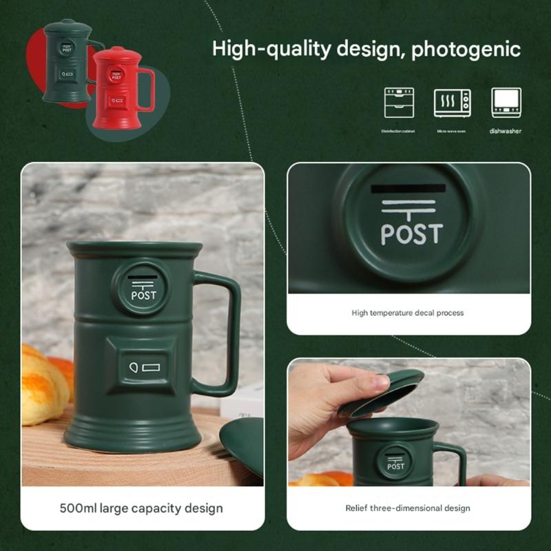 Retro Mailbox Shape Coffee Cup 500ml Ceramic Drinking Mug with Handle and Lid For Birthday Christmas Gift And Daily Use