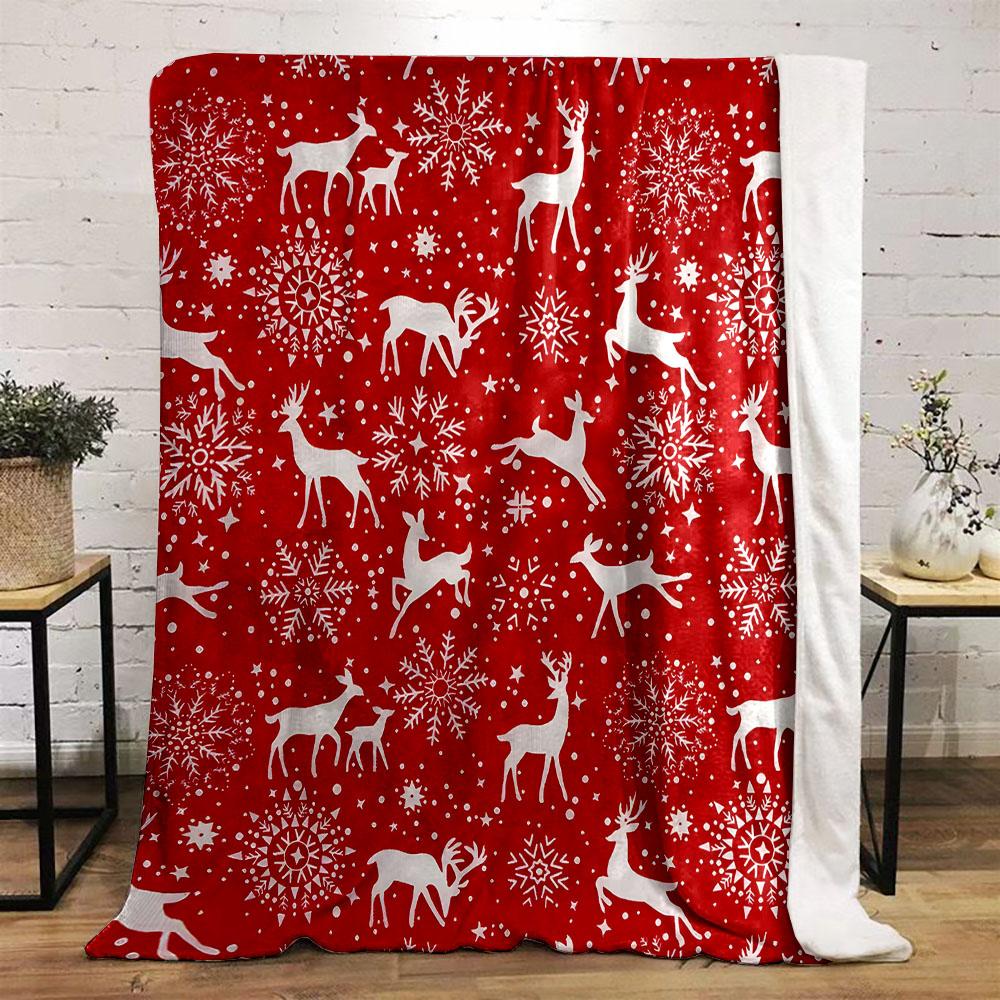 Red Christmas Blanket with Deer and Snowflakes Patterned flannel blanket perfect for the bedroom living room, sofa, or a little nap