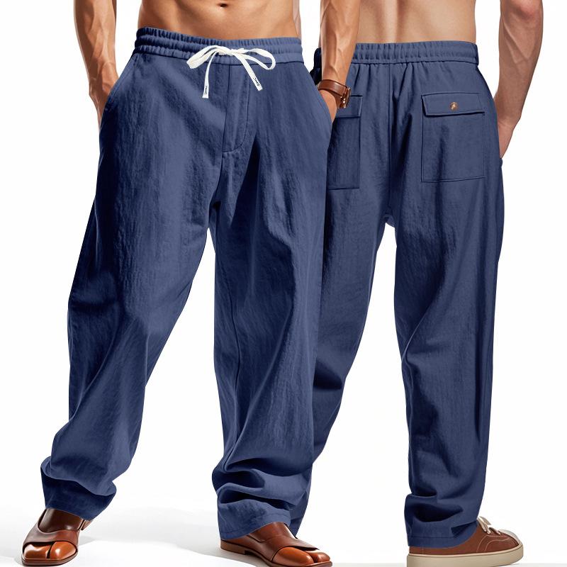 Herren Leinen Weite Beine Cargohosen Kordelzug Elastischer Bund Mehrere Taschen Freizeit Hosen
