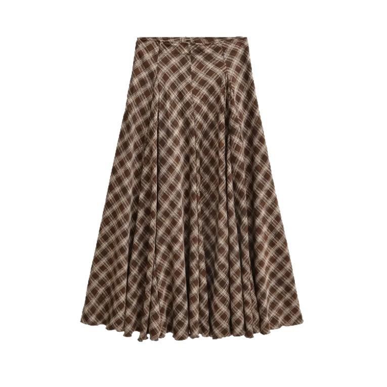 Women's High Waist Slimming A-line Brown Plaid Midi Skirt - 2025 Autumn/Winter Collection