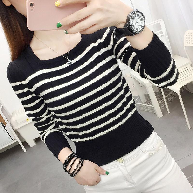 Women's Square Neck Striped Sweater Spring Autumn Fashion Designed Long Sleeve Top Short Length Knitted Base Layer