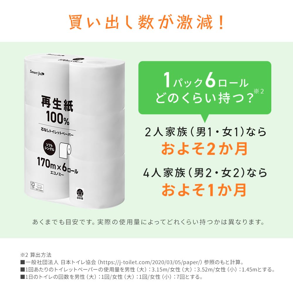IRIS PLAZA Toilet Single 170m X 6 3x Made In Smart Yell Paper, Ply, Rolls, Length, Japan,