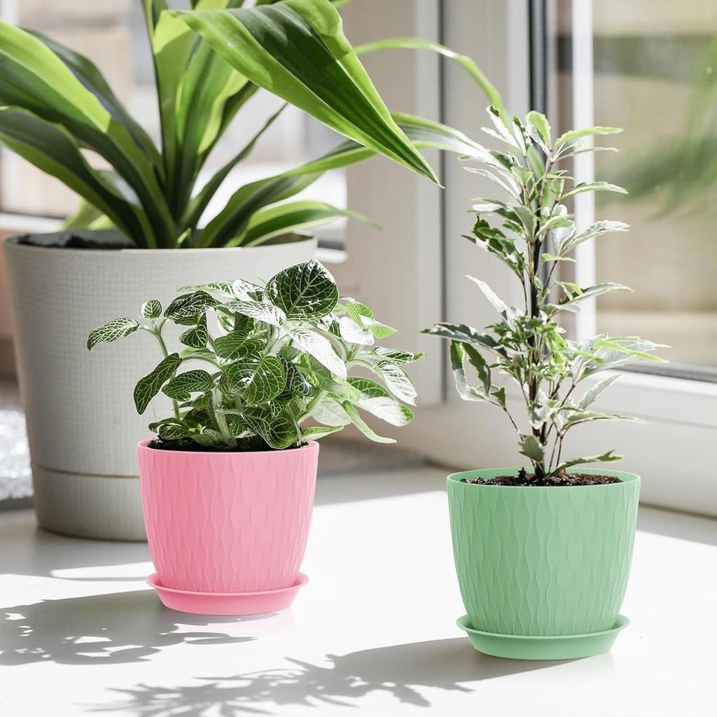 Pack of 5 6 Inch Plastic Flower Pots for Indoor & Outdoor Terrace,Garden Plants Decorative Planters with Drainage Holes & Matching Saucers Durable