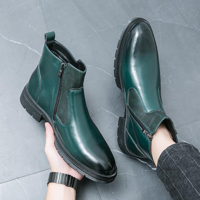 British Style Men Leather Boot 2025 Green Pointed-toe Ankle Boots Man Zip High Top Dress Boots for Man botas para hombre cuero
