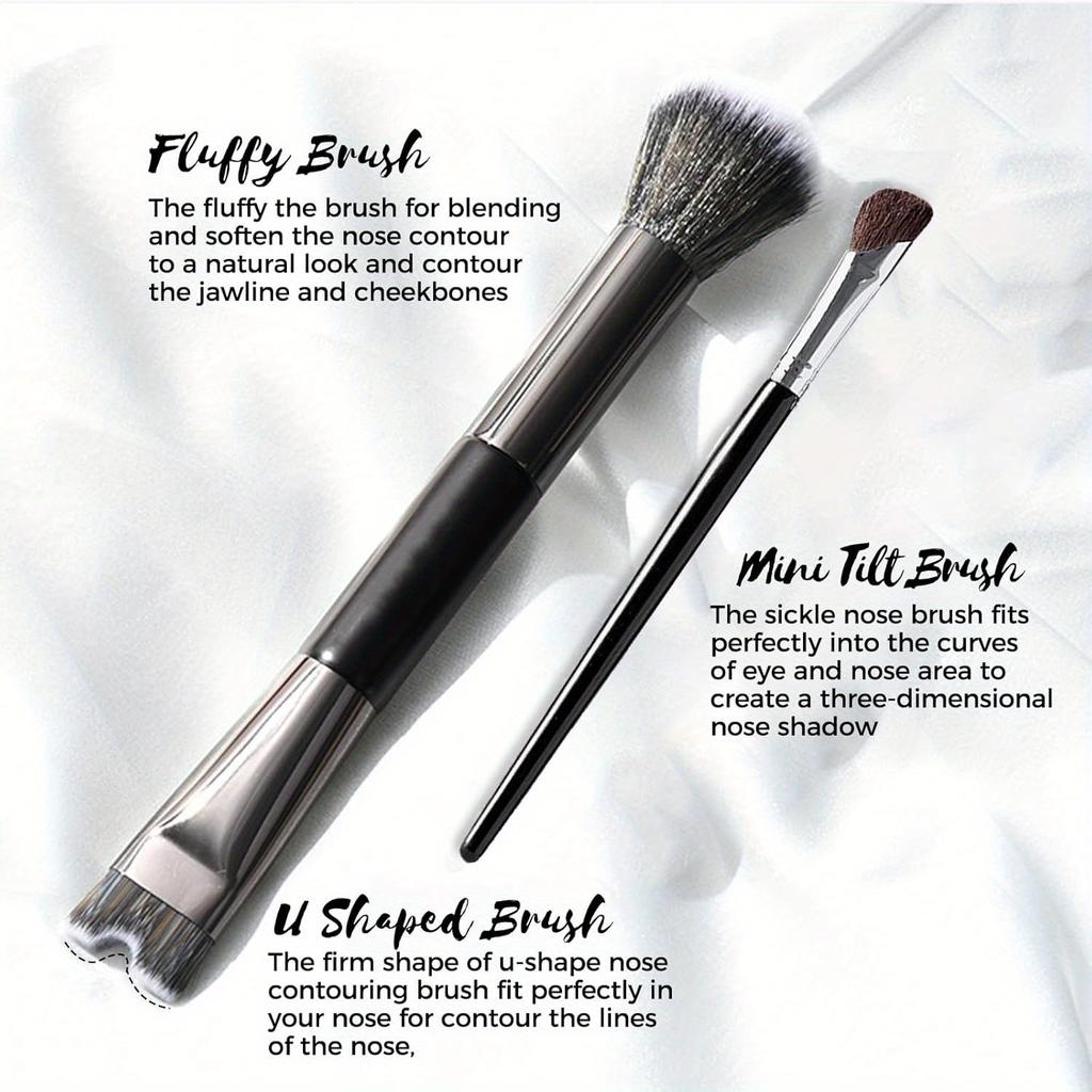 2Pcs Nose contour brush, 2-in-1 U-shaped brush and fluffy brush, angled inclined brush