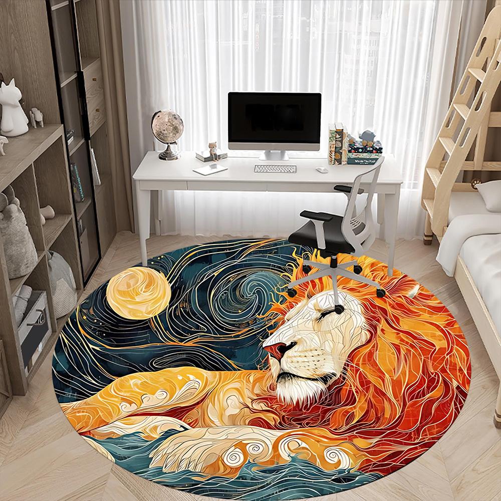 1PC Lion Flame Office Round Area Rug, Mat Suitable For Office, Under Office Chairs Bedroom Living Room Home Decor, Room Deco
