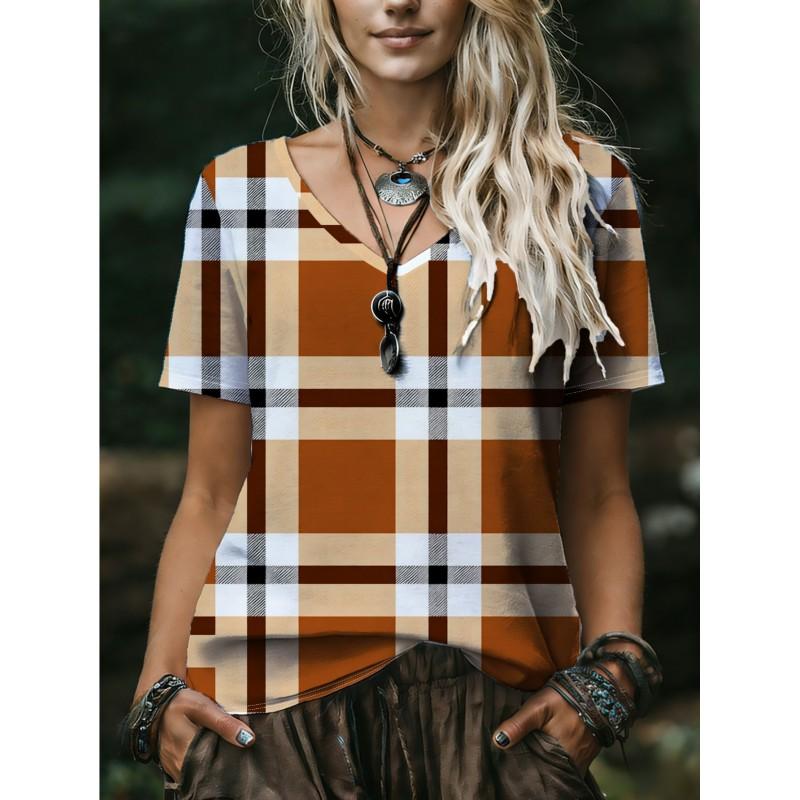 Womens V-Neck Short Sleeve Loose Fit T-Shirt With Floral Lake Scene Cartoon Bun Girl Print 2025 Casual Top