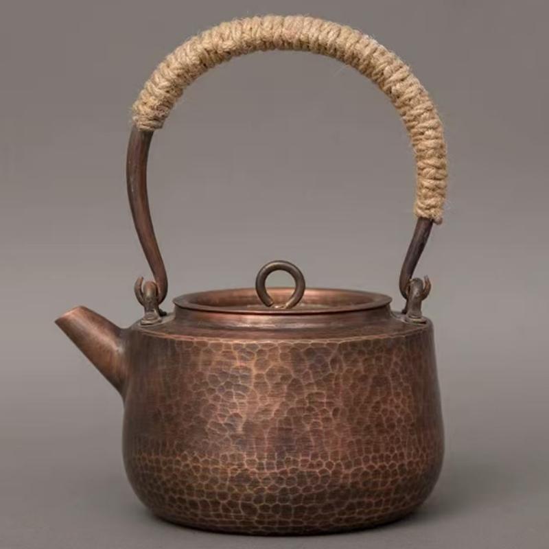 Vintage Copper Boil Water Kettle,Handcrafted Hammer Texture Weave With lid Handheld1.5 L Coffee Pot,Heat Resistant Filter Teapot