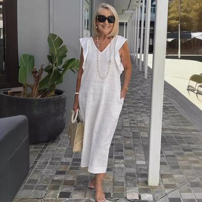 Women's V-neck Cotton and Linen Long Dress with Back Straps and Flying Sleeves Clothes Sale