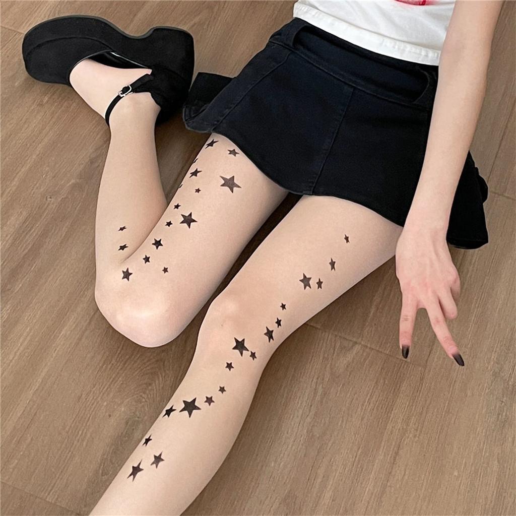 Star Print Thin Summer & Spring Stockings - Skin-Tone, See-Through, Cute & Versatile Tights