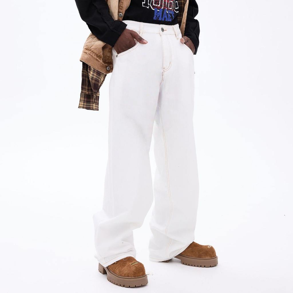 American high street trendy brand straight white washed jeans men's solid color simple loose wide leg drape long pants