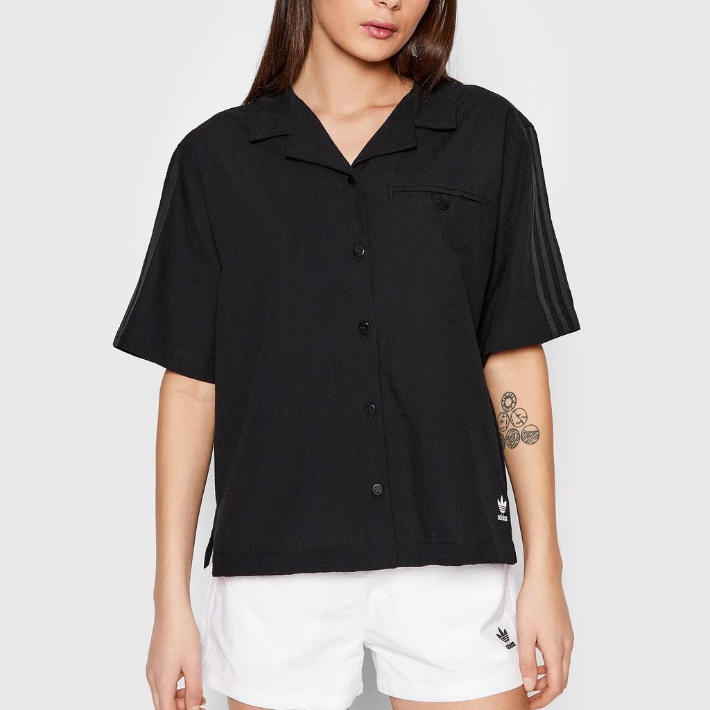 adidas Originals Trefoil Solid Stripe Single-Breasted Short Sleeve Shirt Women Tops Black HC2055