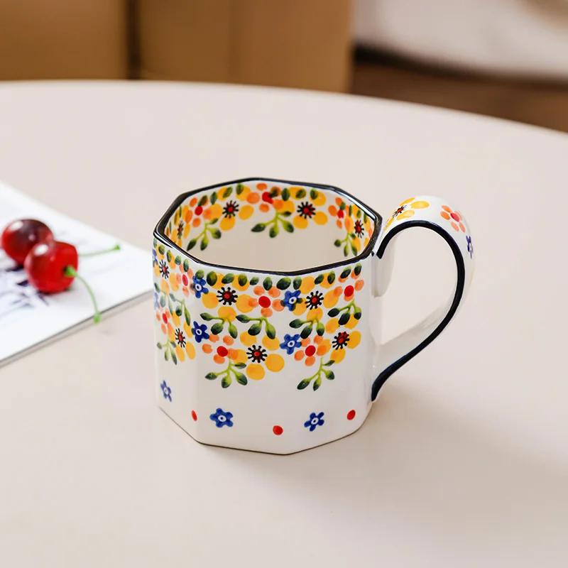 400ML Retro Blumenbecher Keramik Kaffeetasse Polygon Milchteetasse Küchenbar Zubehör Frühstück Milchbecher Büro Trinkbecher