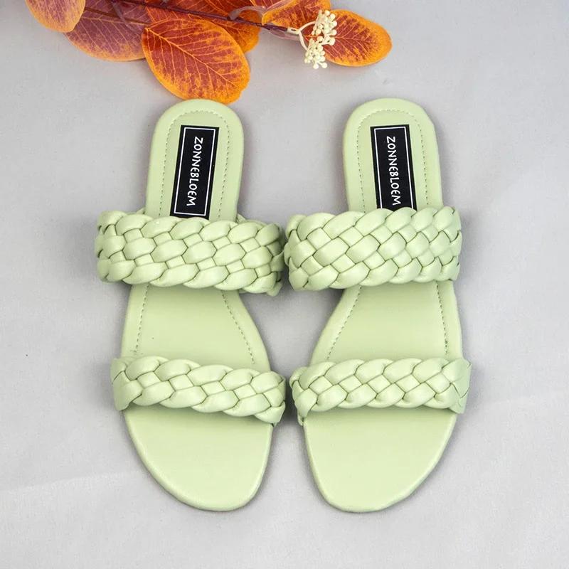 Fashion 2025 New Designer Women Outside Slippers Summer Woman Flat Slides High Quality PU Leather Fashion Double Weave Beach Sandals