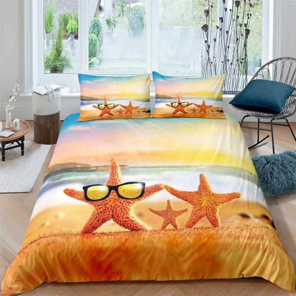 Seestern-Bettbezug-Set, Kingsize-/Queensize-Bett, Bettbezug mit tropischer Landschaft aus Hawaii, Bettbezug mit Strandmuschel-Aufdruck für Kinder und Teenager