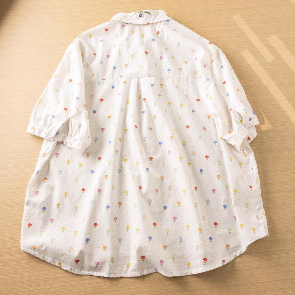 Clothing Japan Style Sweet Floral Embroidery Printed Shirts and Blouses Women Cotton Knitted Floral Shirts