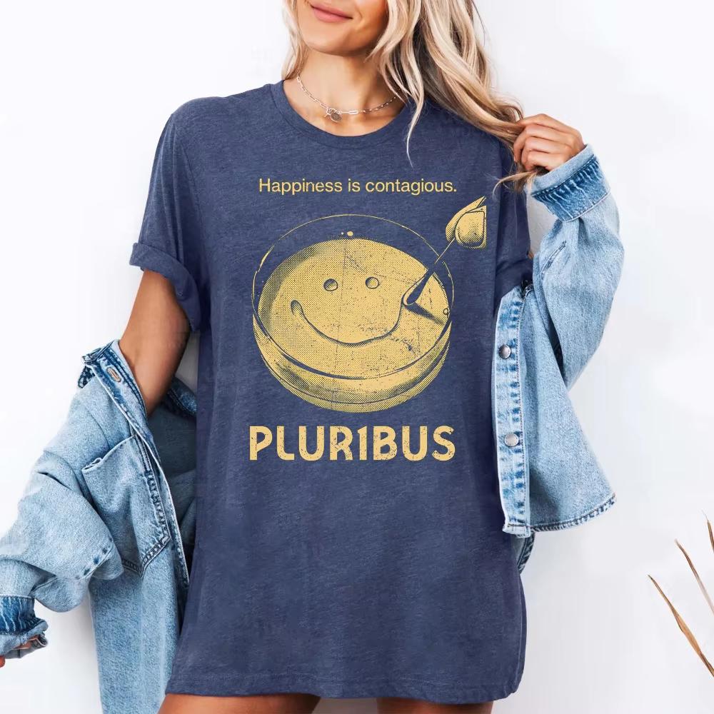 

Pluribus Shirt Happiness Is Contagious Tee Vintage SciFi Gift TShirt Short Sleeve Unisex Women AllSeason S