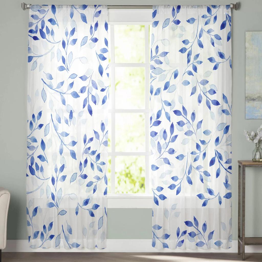 Blaue abstrakte Pflanzenblattstruktur Schlafzimmer transparente Vorhänge Urlaubsdekoration Fenster Voile Tüllvorhang