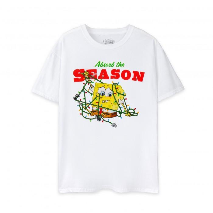 Camiseta masculina do Bob Esponja Calça Quadrada Absorve a Temporada de Natal L branco