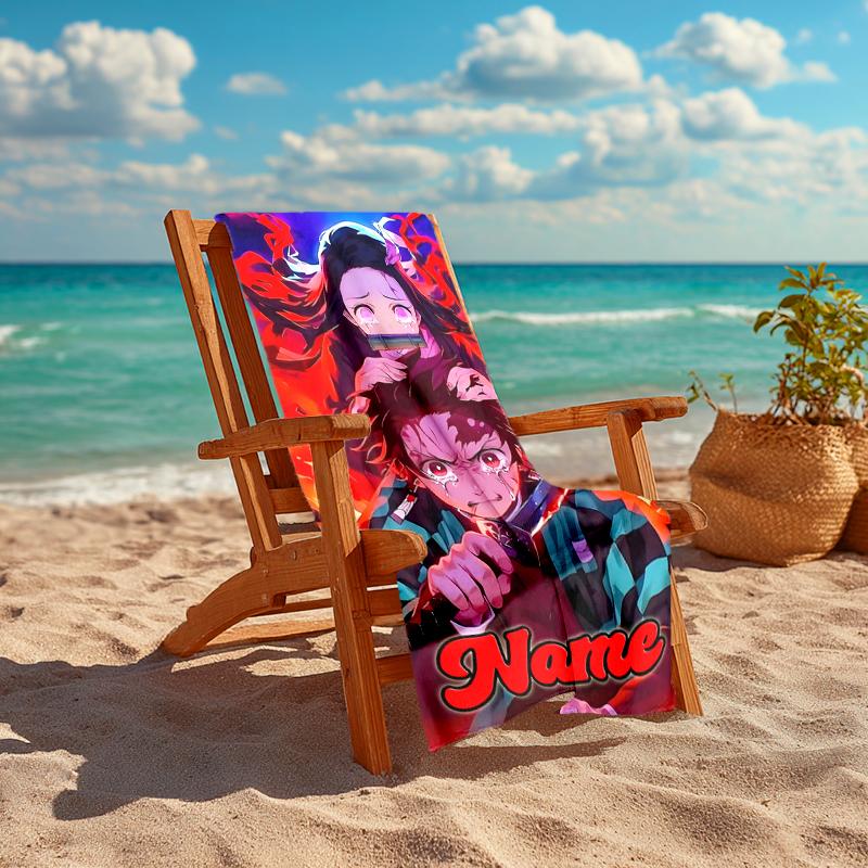 Personalized customized proof beach towel with Demon Slayer Tanjiro Kamado pattern - soft, absorbent, quick-drying, perfect swimming, camping&bathing