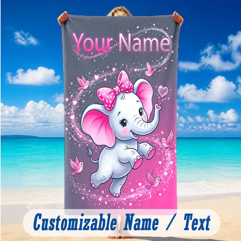 Elephant Theme Beach Towel Personalized Custom Name & Text Soft Quick Dry Beach Towel for Swimming Travel