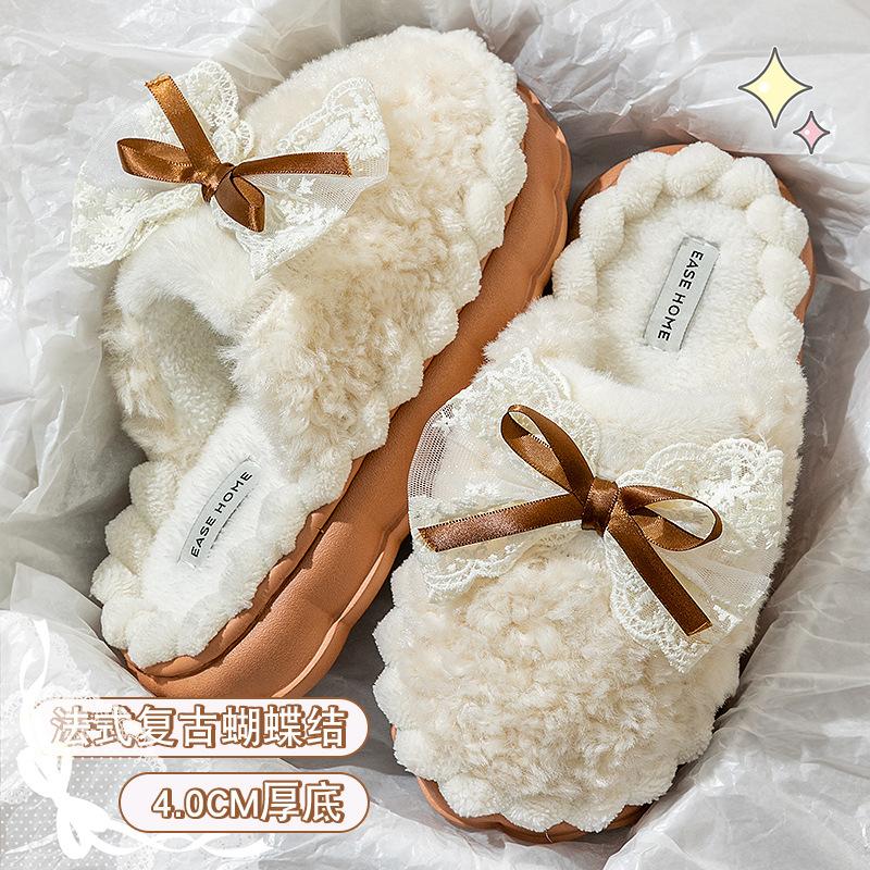 Cute bow cotton slippers autumn and winter 2025 new indoor home warmth thick bottom cotton mop winter