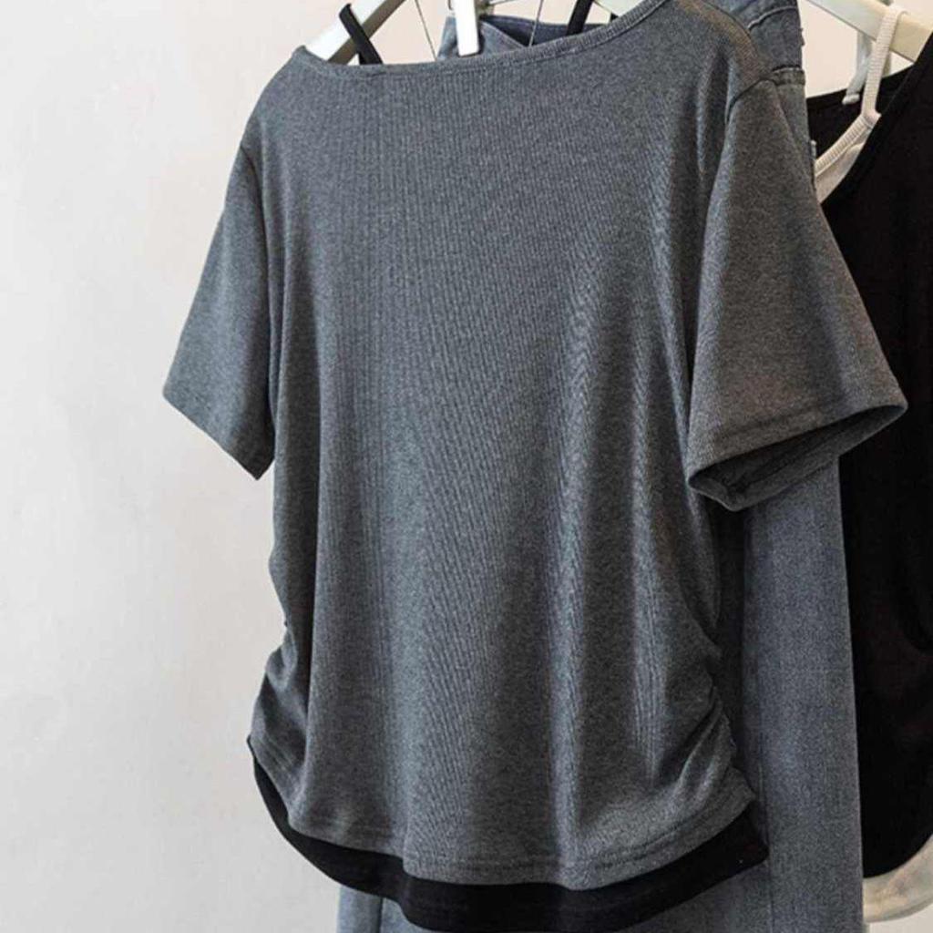 Women's Plus Size Patchwork Faux Two-Piece Short Sleeve T-Shirt - Loose, Slimming, Versatile Summer Style