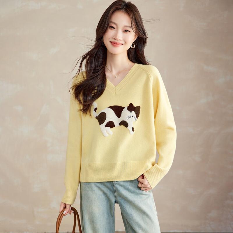 Srcr Women s 100% Wool V-Neck Sweater with Kitten Embroidery One Size