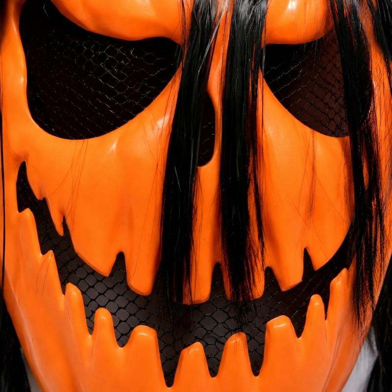 Pull-On Pumpkin Costume Mask with Elastic Strap, Lightweight Molded Shell and Long Black Hair for Halloween Character Costume Play