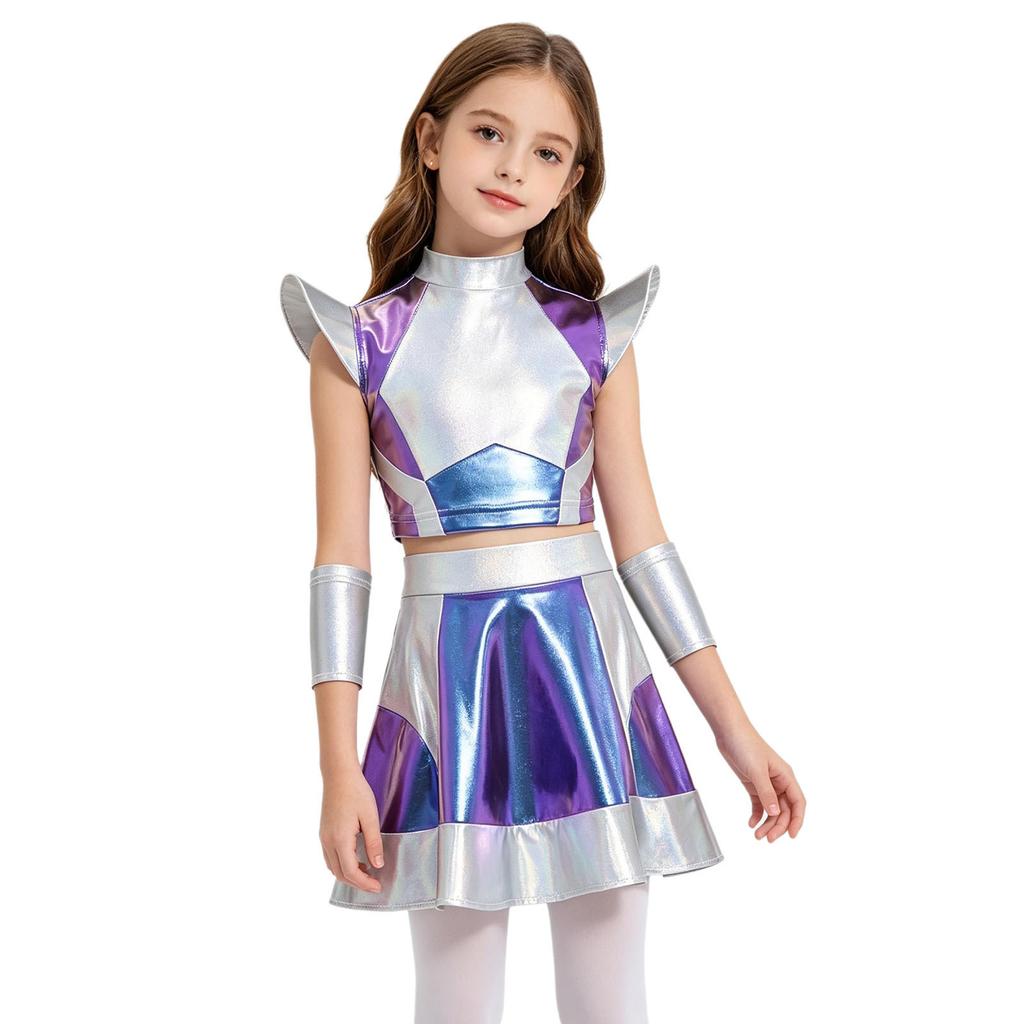 Girls Halloween Alien Cosplay Costume 3 Pieces Cap Sleeve Glossy Metallic Short Top Skirt Oversleeves