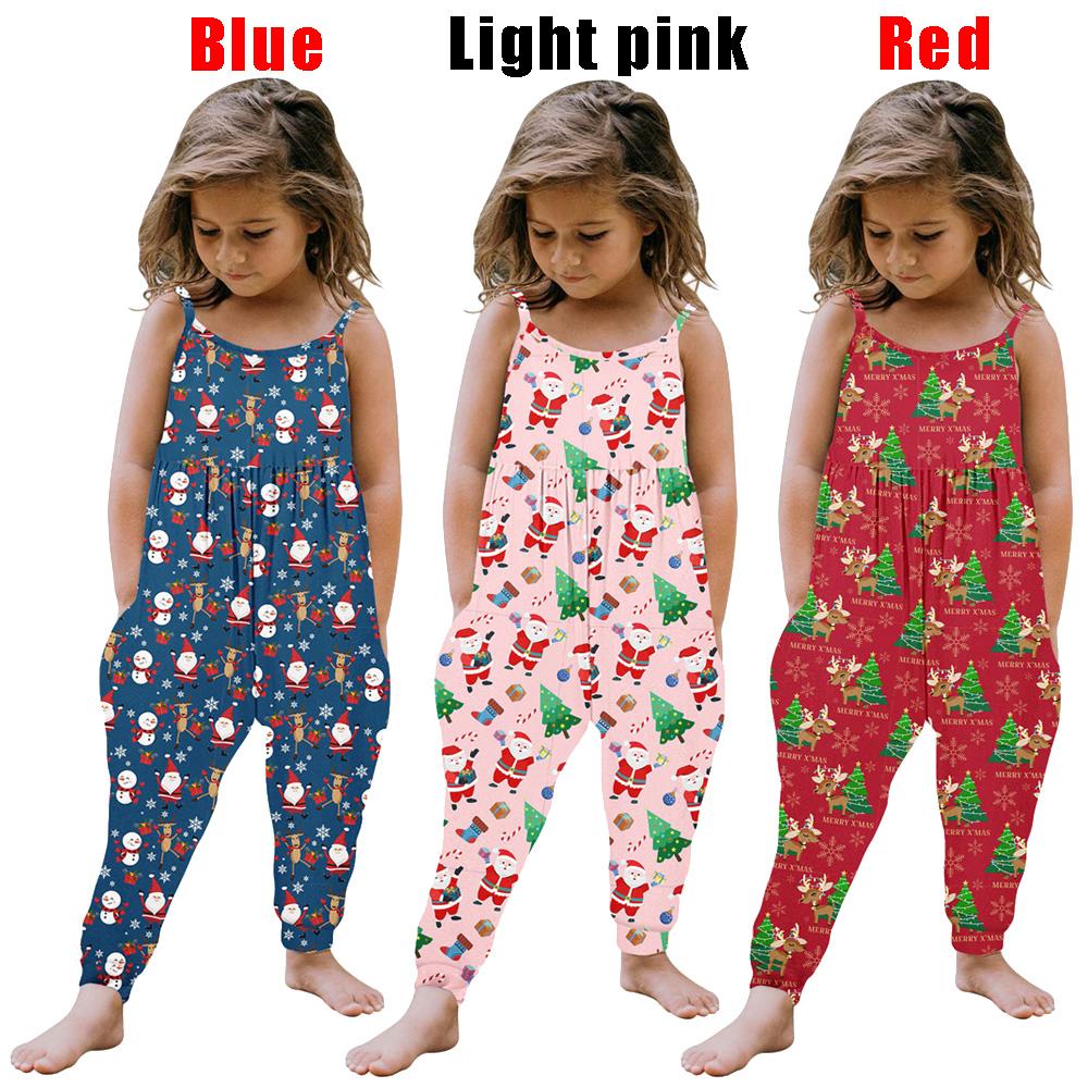 Árvore de Natal Papai Noel Rena Flocos de Neve Padrão Bebê Crianças Alças Espaguete Macacão Macacão Crianças Roupas para 1-5 Anos
