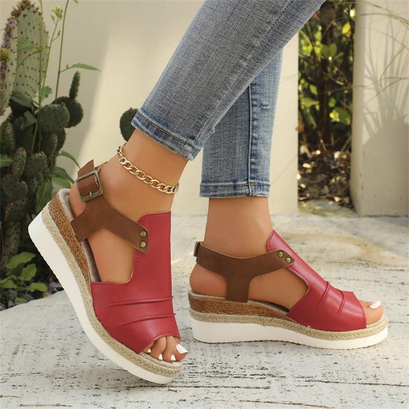 Large Size Straw Woven High-heeled Sandals 22 New Thick-soled Fish Mouth Roman Shoes One-word Buckle High-heeled Sandals
