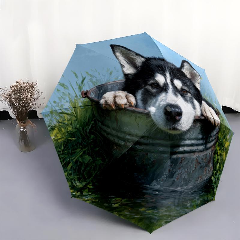 Husky and Grass pattern, automatic folding umbrella, portable and foldable design, 8 ribs, a Christmas or birthday gift.