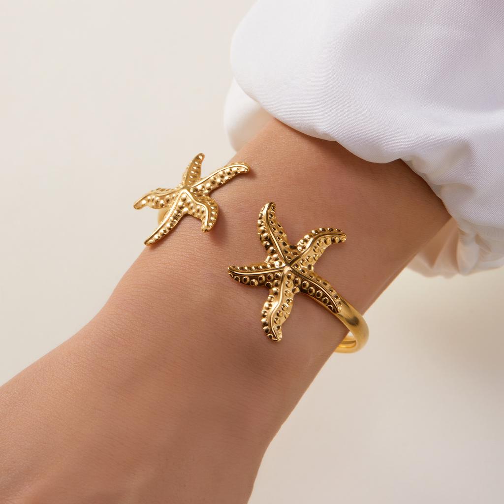 Summer Marine Elements Waterproof Cuff Bangles for Women Gold Color Starfish Shell Turtle Open Bangles Trendy Jewelry Gifts