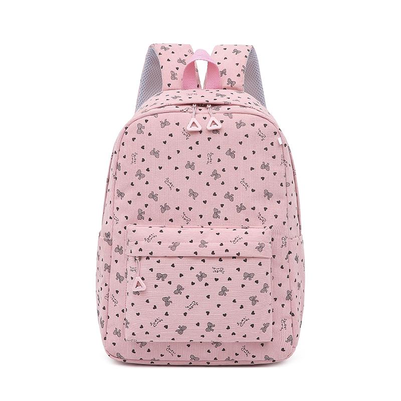 Three-Piece Backpack Set Bow Printed Corduroy Large Capacity Handbag Multi-Functional Backpack with Lunch Bag Pen Bag