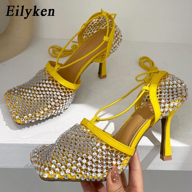 Fashion Eilyken Yellow Green Fashion Women High Heel Crystal Fishnet Pumps Square Toe Ankle Cross Tied Rhinestone Sandals  Shoes