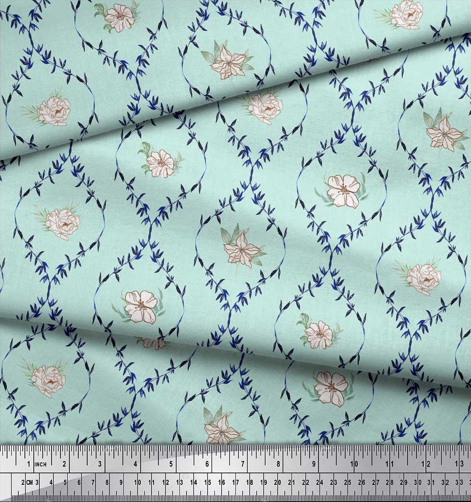 Soimoi Blue Poly Crepe Fabric Azalea & Peony Damask Print Fabric by the metre 42 Inch