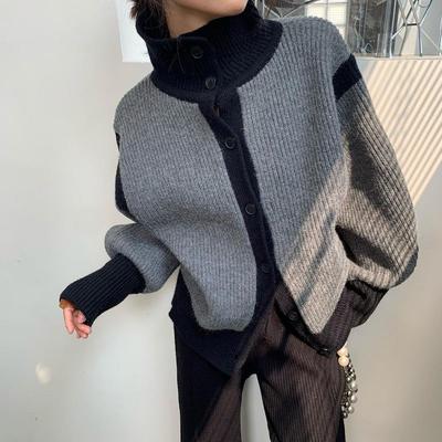 Korean Contrast Color Turtleneck Sweater Women Autumn Winter Loose Soft Waxy Lazy Striped Knitted Women Cardigan Jacket Top