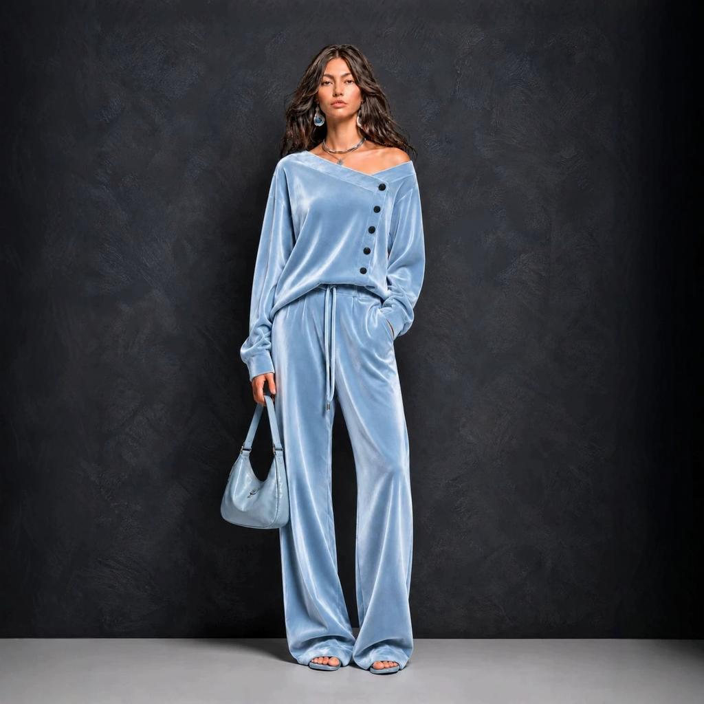 Completo casual da donna in velluto, top asimmetrico a manica lunga off-shoulder e pantaloni, set da 2 pezzi