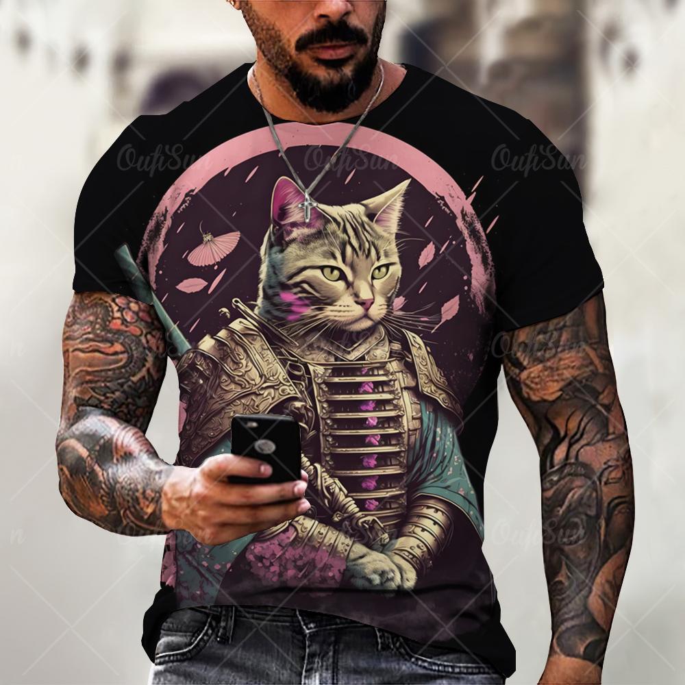 Men's T Shirts Japanese Samurai Cat Printed T-Shirt Funny 3D Animal Graphic T-Shirts Casual O-neck Loose Tops Short Sleeve Tee