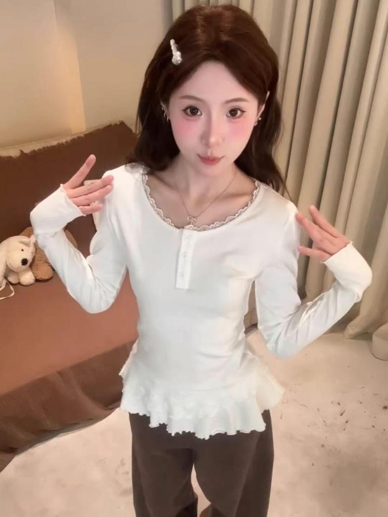 260g Cotton Modal Korean Lace Trim Slimming Round Neck Outerwear Top