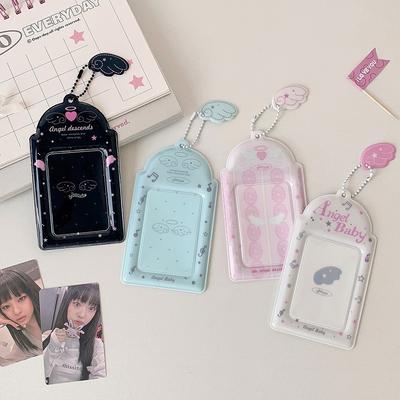 Portable PVC Photocard Holder Keychain Angel Wings Cartoon Photo Frame Hanging Decoration ID Badge Holder for Student Girls